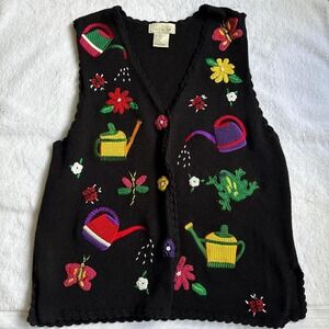 vintage black embroidered garden vest with flowers and watering cans